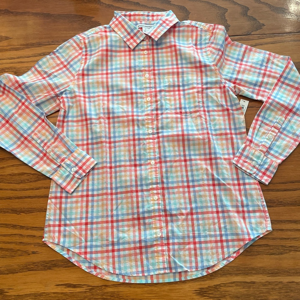 Amazon Essentials Men's Plaid Dress Shirt - Red and Blue
